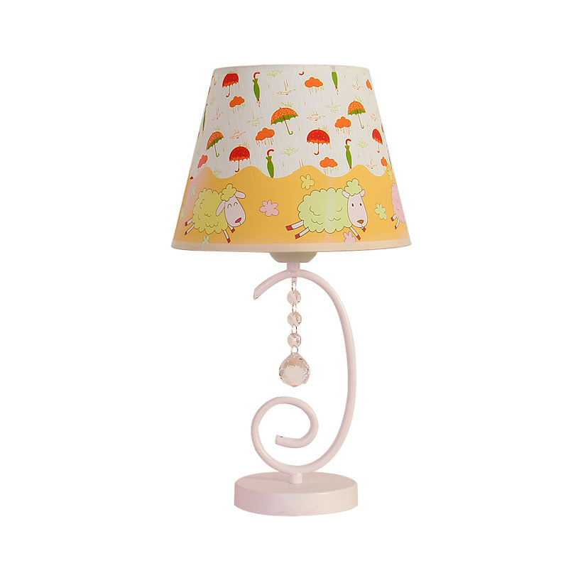 Barrel Bedroom Table Light Fabric 1 Bulb Cartoon Night Lamp in White with Crystal Drop and Sheep/Loving Heart/Elephant Pattern Clearhalo 'Lamps' 'Table Lamps' Lighting' 898013