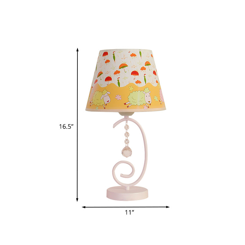 Barrel Bedroom Table Light Fabric 1 Bulb Cartoon Night Lamp in White with Crystal Drop and Sheep/Loving Heart/Elephant Pattern Clearhalo 'Lamps' 'Table Lamps' Lighting' 898014
