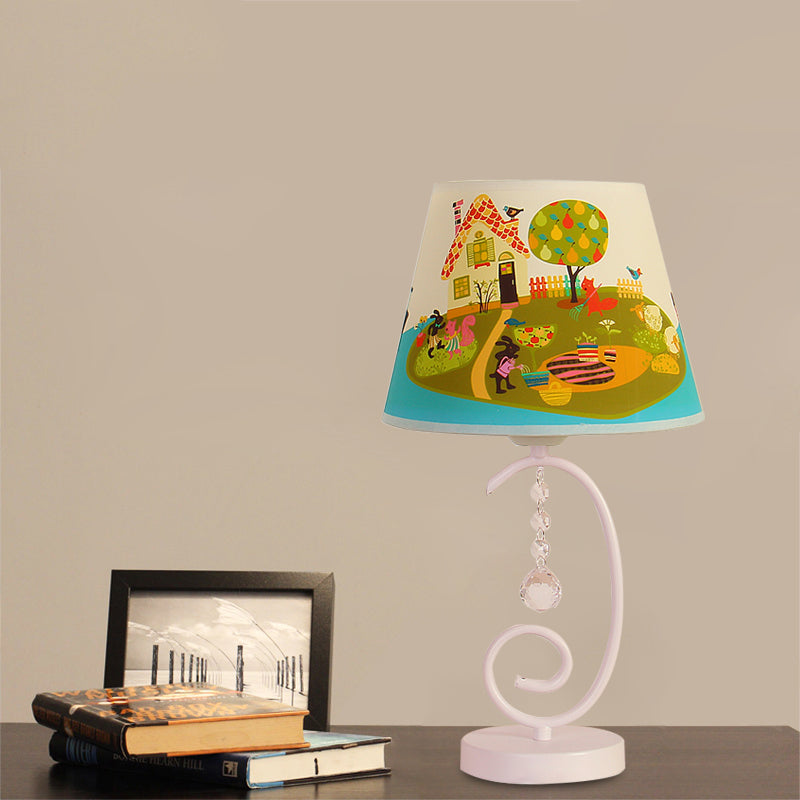 Barrel Bedroom Table Light Fabric 1 Bulb Cartoon Night Lamp in White with Crystal Drop and Sheep/Loving Heart/Elephant Pattern Clearhalo 'Lamps' 'Table Lamps' Lighting' 898016