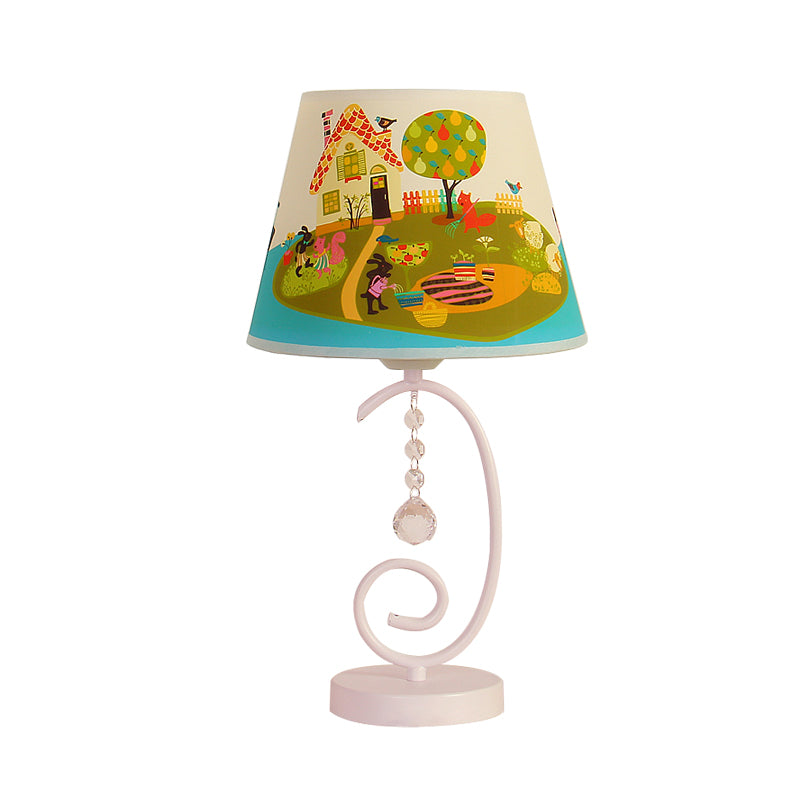 Barrel Bedroom Table Light Fabric 1 Bulb Cartoon Night Lamp in White with Crystal Drop and Sheep/Loving Heart/Elephant Pattern Clearhalo 'Lamps' 'Table Lamps' Lighting' 898017