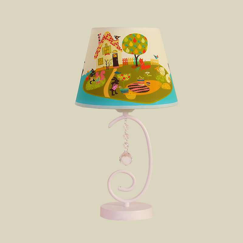 Barrel Bedroom Table Light Fabric 1 Bulb Cartoon Night Lamp in White with Crystal Drop and Sheep/Loving Heart/Elephant Pattern Clearhalo 'Lamps' 'Table Lamps' Lighting' 898018