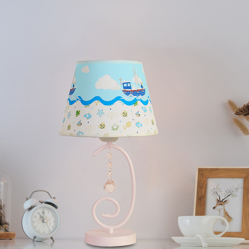 Barrel Bedroom Table Light Fabric 1 Bulb Cartoon Night Lamp in White with Crystal Drop and Sheep/Loving Heart/Elephant Pattern White Boat Clearhalo 'Lamps' 'Table Lamps' Lighting' 898020