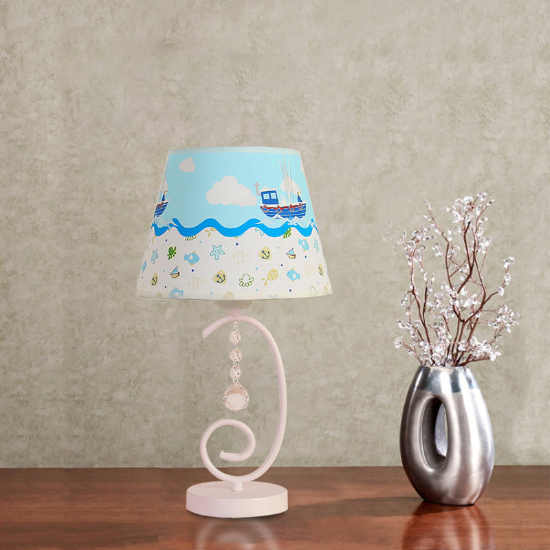 Barrel Bedroom Table Light Fabric 1 Bulb Cartoon Night Lamp in White with Crystal Drop and Sheep/Loving Heart/Elephant Pattern Clearhalo 'Lamps' 'Table Lamps' Lighting' 898021
