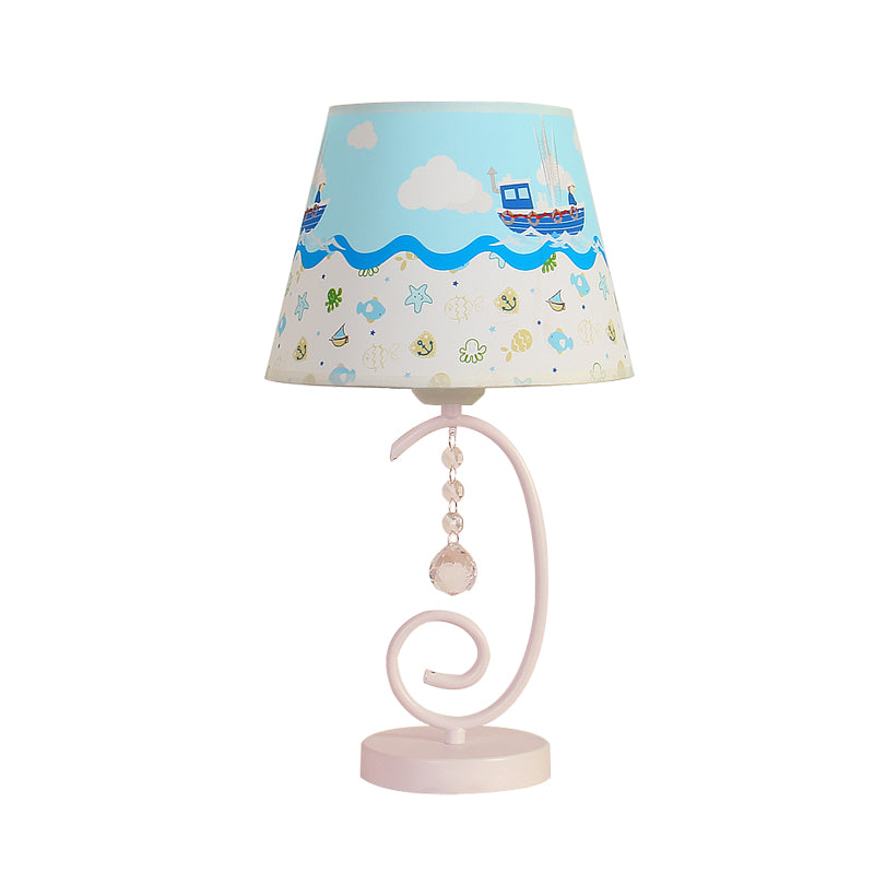Barrel Bedroom Table Light Fabric 1 Bulb Cartoon Night Lamp in White with Crystal Drop and Sheep/Loving Heart/Elephant Pattern Clearhalo 'Lamps' 'Table Lamps' Lighting' 898023