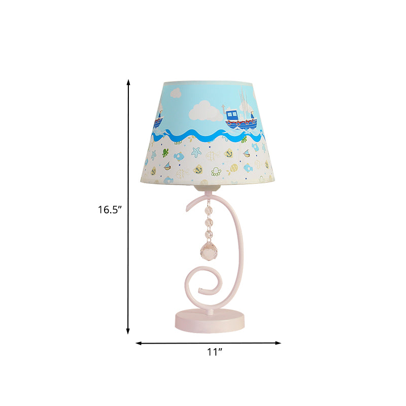 Barrel Bedroom Table Light Fabric 1 Bulb Cartoon Night Lamp in White with Crystal Drop and Sheep/Loving Heart/Elephant Pattern Clearhalo 'Lamps' 'Table Lamps' Lighting' 898024