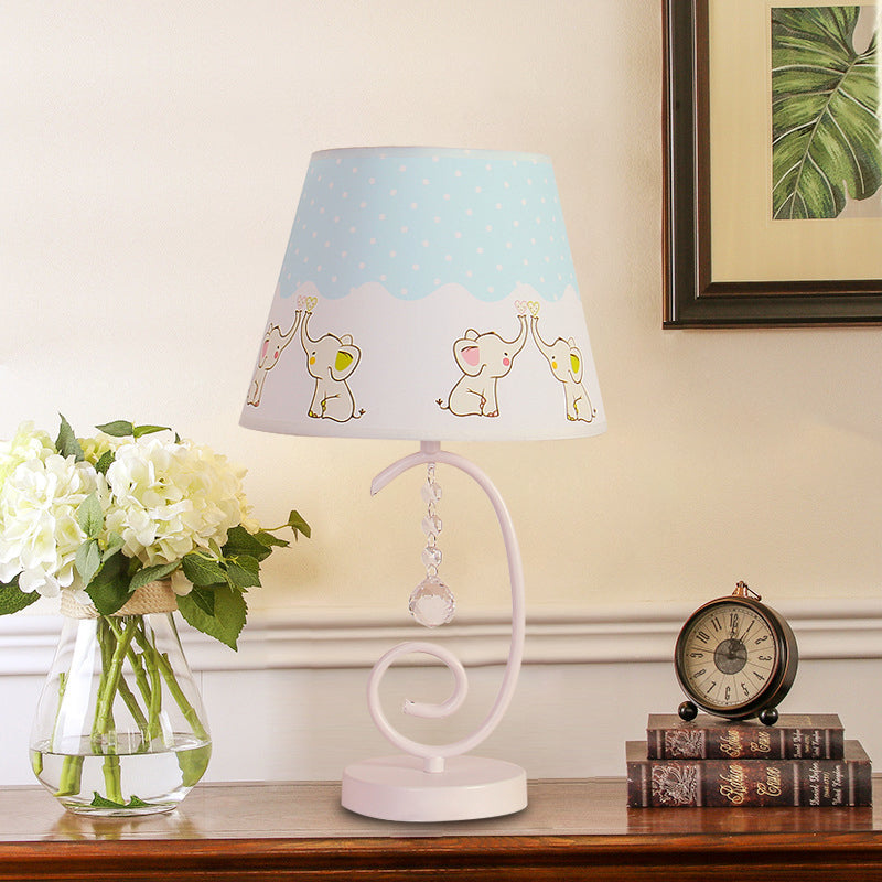 Barrel Bedroom Table Light Fabric 1 Bulb Cartoon Night Lamp in White with Crystal Drop and Sheep/Loving Heart/Elephant Pattern White Elephant Clearhalo 'Lamps' 'Table Lamps' Lighting' 898025