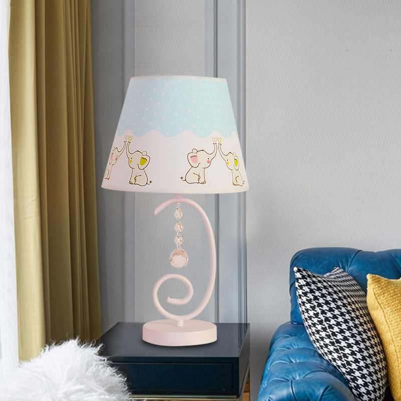 Barrel Bedroom Table Light Fabric 1 Bulb Cartoon Night Lamp in White with Crystal Drop and Sheep/Loving Heart/Elephant Pattern Clearhalo 'Lamps' 'Table Lamps' Lighting' 898026