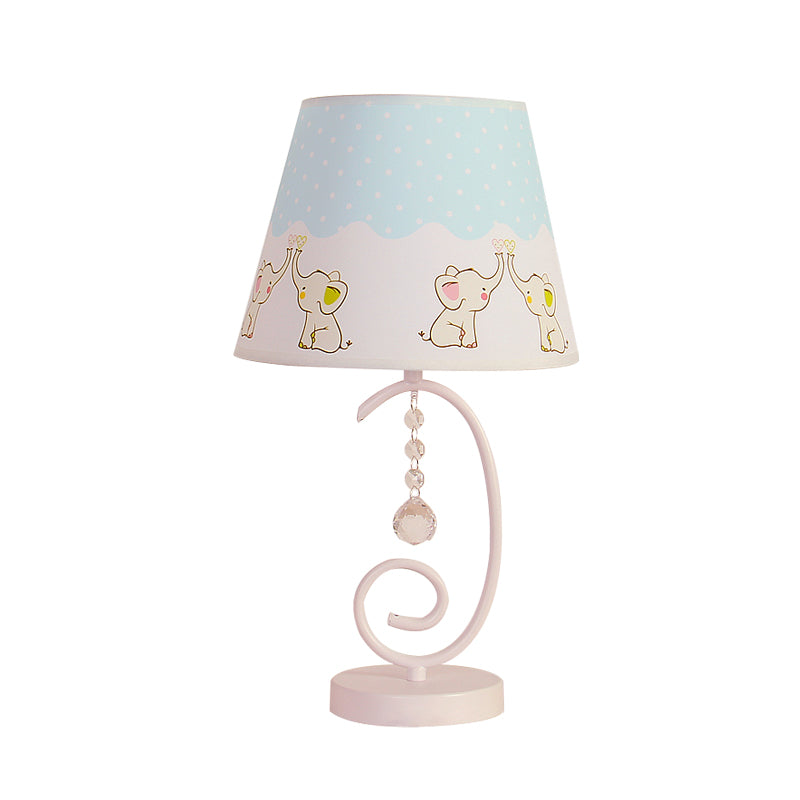 Barrel Bedroom Table Light Fabric 1 Bulb Cartoon Night Lamp in White with Crystal Drop and Sheep/Loving Heart/Elephant Pattern Clearhalo 'Lamps' 'Table Lamps' Lighting' 898027