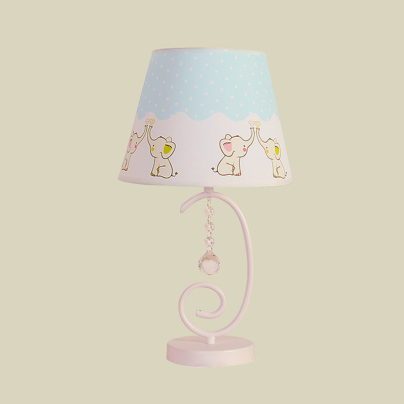 Barrel Bedroom Table Light Fabric 1 Bulb Cartoon Night Lamp in White with Crystal Drop and Sheep/Loving Heart/Elephant Pattern Clearhalo 'Lamps' 'Table Lamps' Lighting' 898028