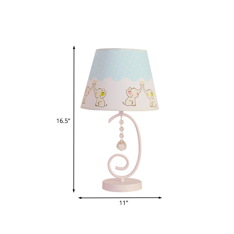 Barrel Bedroom Table Light Fabric 1 Bulb Cartoon Night Lamp in White with Crystal Drop and Sheep/Loving Heart/Elephant Pattern Clearhalo 'Lamps' 'Table Lamps' Lighting' 898029