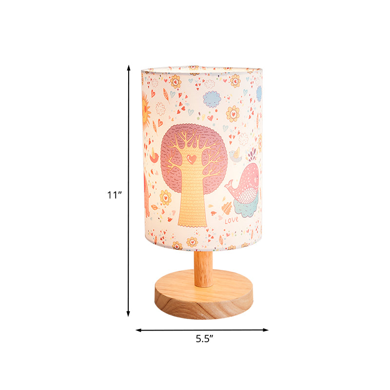 Wood Cylinder Night Table Lamp Kids 1 Head Fabric Nightstand Light with Tree and Flower Pattern Clearhalo 'Lamps' 'Table Lamps' Lighting' 898082