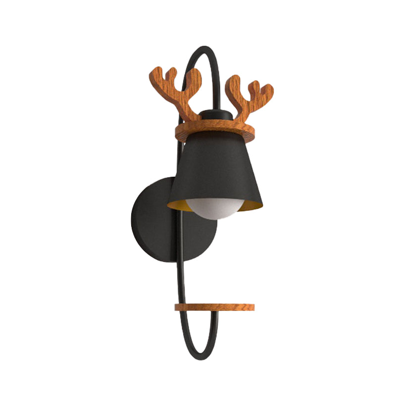 Cone Iron Wall Light Fixture Nordic 1-Bulb Black Wall Mounted Lamp with Wood Antler Design Clearhalo 'Wall Lamps & Sconces' 'Wall Lights' Lighting' 898096