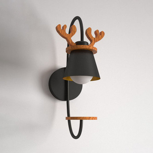 Cone Iron Wall Light Fixture Nordic 1-Bulb Black Wall Mounted Lamp with Wood Antler Design Clearhalo 'Wall Lamps & Sconces' 'Wall Lights' Lighting' 898097