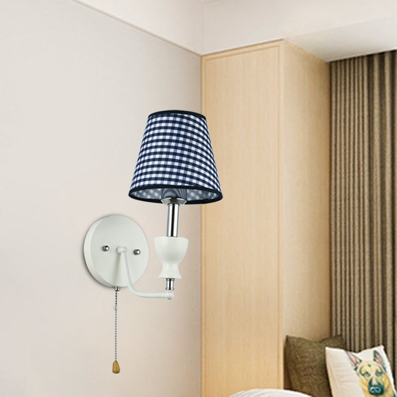 Modernism Barrel Wall Lamp Fabric 1-Head Bedroom Wall Light in Dark Blue with Pull Chain Clearhalo 'Wall Lamps & Sconces' 'Wall Lights' Lighting' 898104