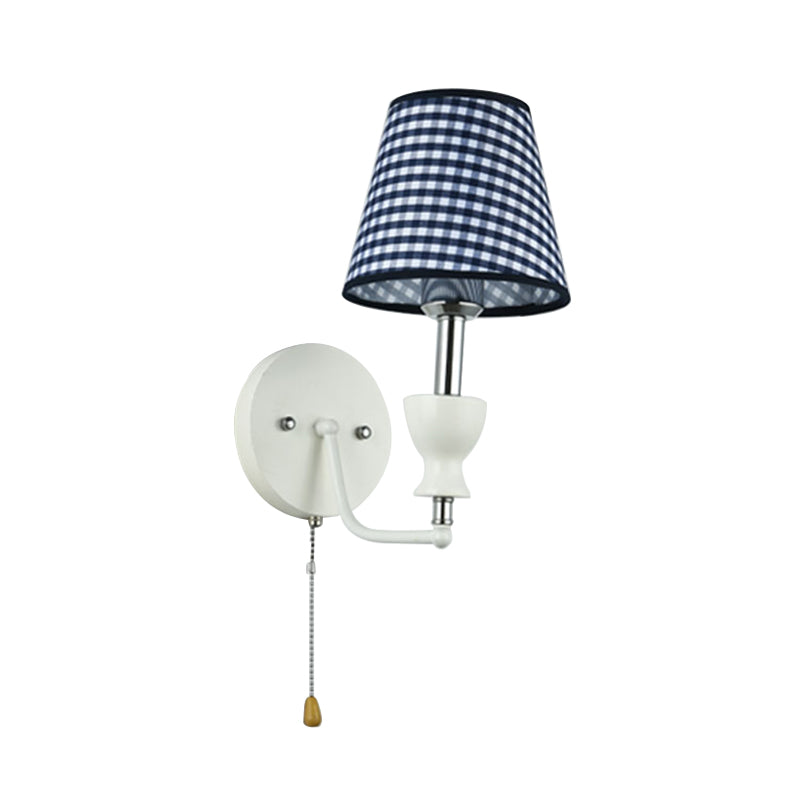 Modernism Barrel Wall Lamp Fabric 1-Head Bedroom Wall Light in Dark Blue with Pull Chain Clearhalo 'Wall Lamps & Sconces' 'Wall Lights' Lighting' 898105