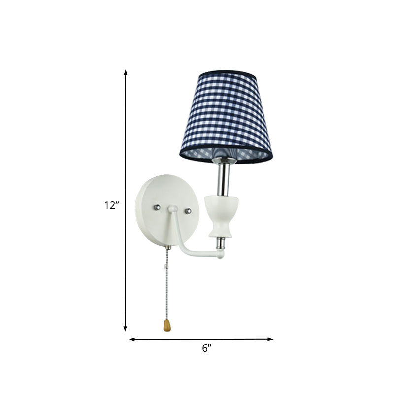 Modernism Barrel Wall Lamp Fabric 1-Head Bedroom Wall Light in Dark Blue with Pull Chain Clearhalo 'Wall Lamps & Sconces' 'Wall Lights' Lighting' 898106