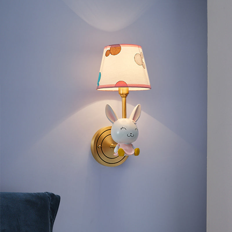 Rabbit Resin Wall Mount Light Cartoon 1 Bulb Gold Wall Lighting Fixture with Barrel Fabric Shade Gold Clearhalo 'Wall Lamps & Sconces' 'Wall Lights' Lighting' 898107