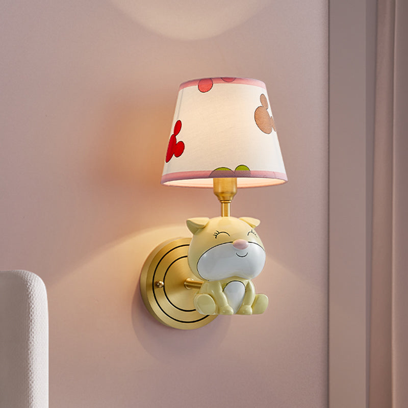 Gold Dog Wall Light Sconce Cartoon 1-Bulb Resin Wall Lamp Fixture with Tapered Fabric Shade Gold Clearhalo 'Wall Lamps & Sconces' 'Wall Lights' Lighting' 898115