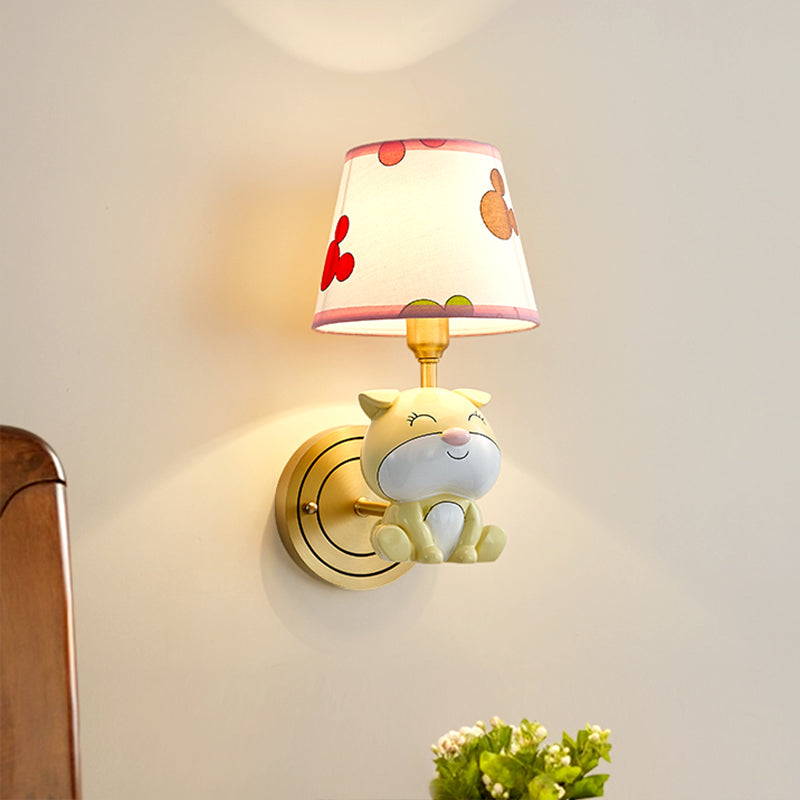 Gold Dog Wall Light Sconce Cartoon 1-Bulb Resin Wall Lamp Fixture with Tapered Fabric Shade Clearhalo 'Wall Lamps & Sconces' 'Wall Lights' Lighting' 898116