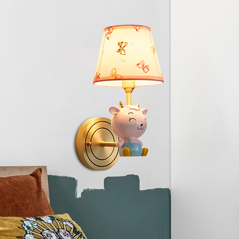 Gold Bucket Wall Sconce Light Cartoon 1 Head Fabric Wall Lamp with Resin Sheep Decoration Gold Clearhalo 'Wall Lamps & Sconces' 'Wall Lights' Lighting' 898119