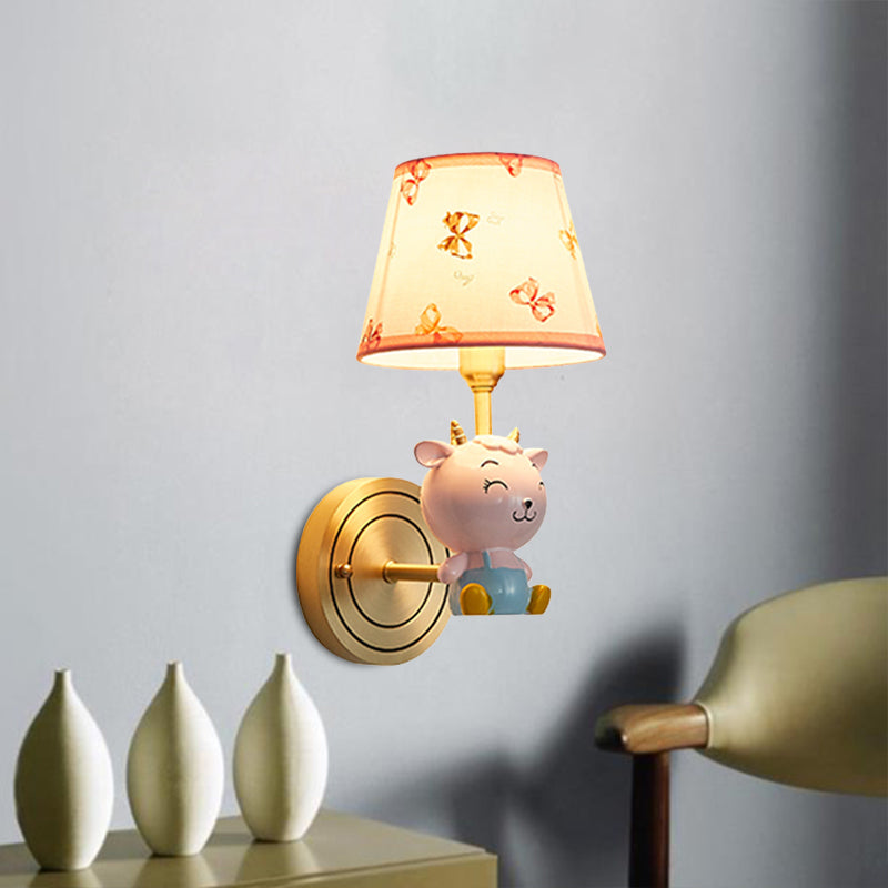 Gold Bucket Wall Sconce Light Cartoon 1 Head Fabric Wall Lamp with Resin Sheep Decoration Clearhalo 'Wall Lamps & Sconces' 'Wall Lights' Lighting' 898120