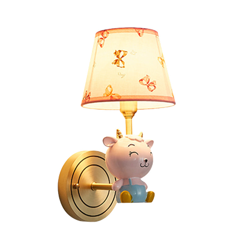 Gold Bucket Wall Sconce Light Cartoon 1 Head Fabric Wall Lamp with Resin Sheep Decoration Clearhalo 'Wall Lamps & Sconces' 'Wall Lights' Lighting' 898121