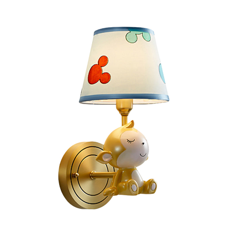 Creative Monkey Resin Wall Lighting 1 Light Wall Sconce Light Fixture in Gold with Fabric Shade Clearhalo 'Wall Lamps & Sconces' 'Wall Lights' Lighting' 898124