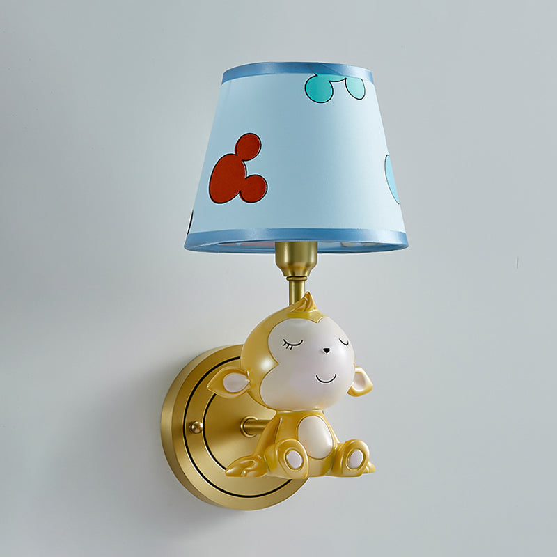 Creative Monkey Resin Wall Lighting 1 Light Wall Sconce Light Fixture in Gold with Fabric Shade Clearhalo 'Wall Lamps & Sconces' 'Wall Lights' Lighting' 898125