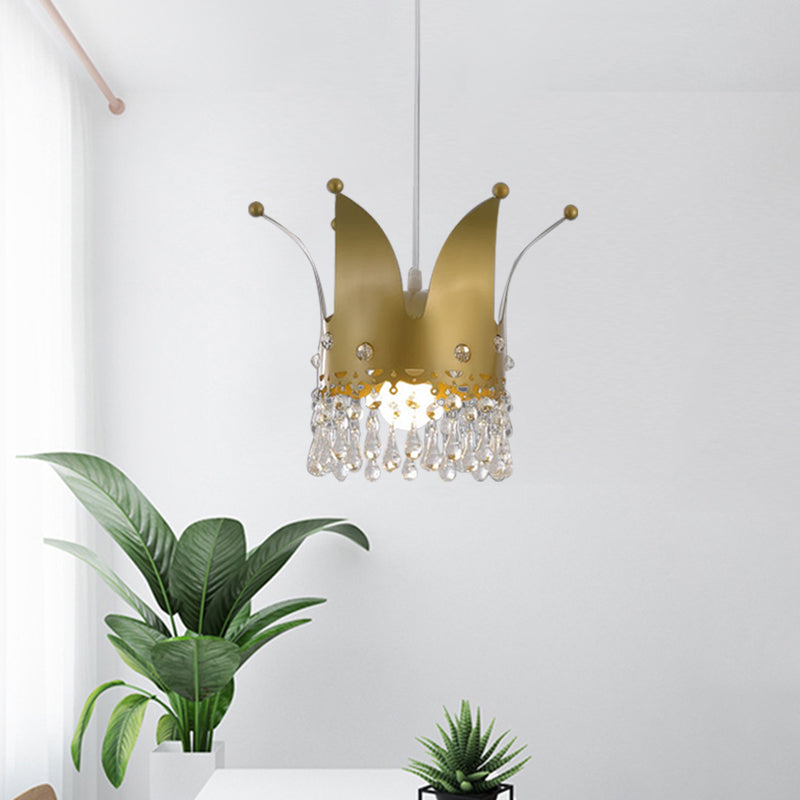 Modernist Crown Down Lighting Iron 1 Bulb Bedroom Hanging Lamp in Gold with Crystal Drop Clearhalo 'Ceiling Lights' 'Pendant Lights' 'Pendants' Lighting' 898127