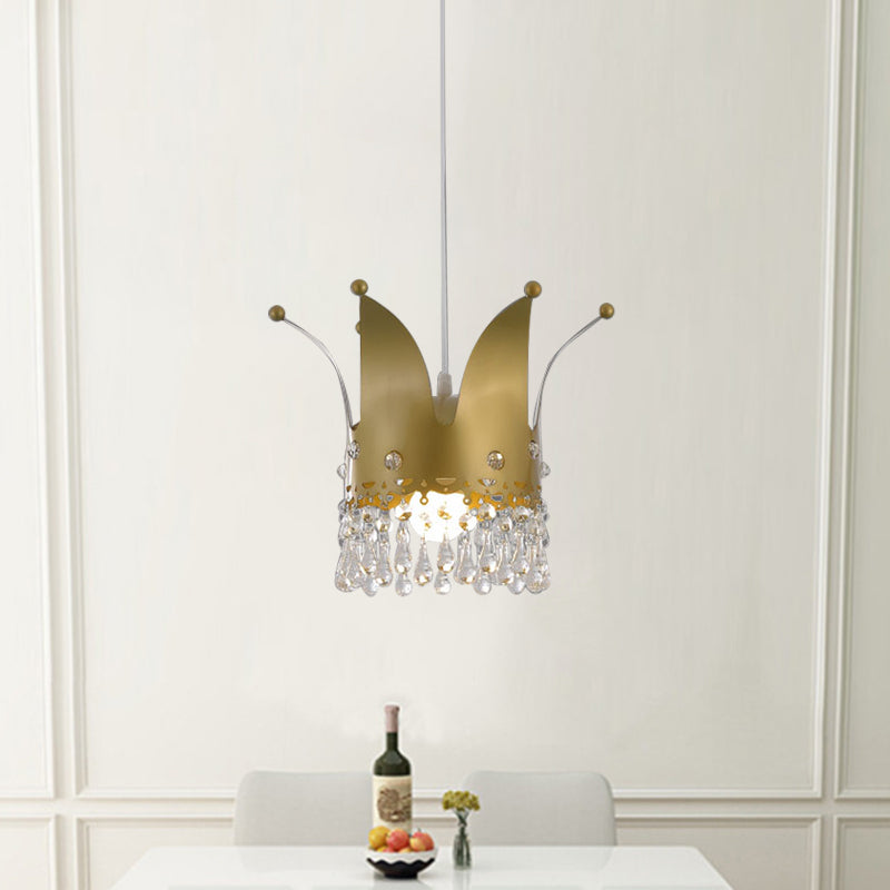 Modernist Crown Down Lighting Iron 1 Bulb Bedroom Hanging Lamp in Gold with Crystal Drop Clearhalo 'Ceiling Lights' 'Pendant Lights' 'Pendants' Lighting' 898128