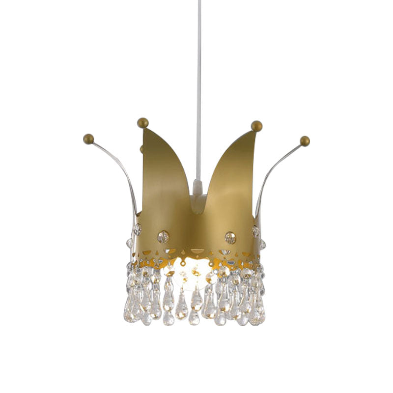 Modernist Crown Down Lighting Iron 1 Bulb Bedroom Hanging Lamp in Gold with Crystal Drop Clearhalo 'Ceiling Lights' 'Pendant Lights' 'Pendants' Lighting' 898129