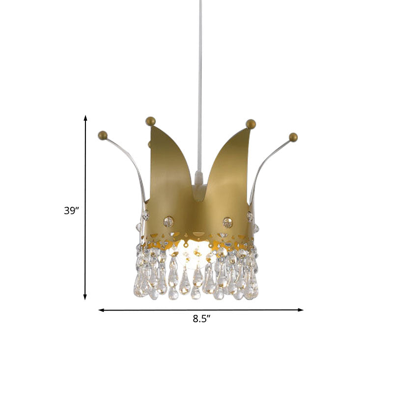 Modernist Crown Down Lighting Iron 1 Bulb Bedroom Hanging Lamp in Gold with Crystal Drop Clearhalo 'Ceiling Lights' 'Pendant Lights' 'Pendants' Lighting' 898130