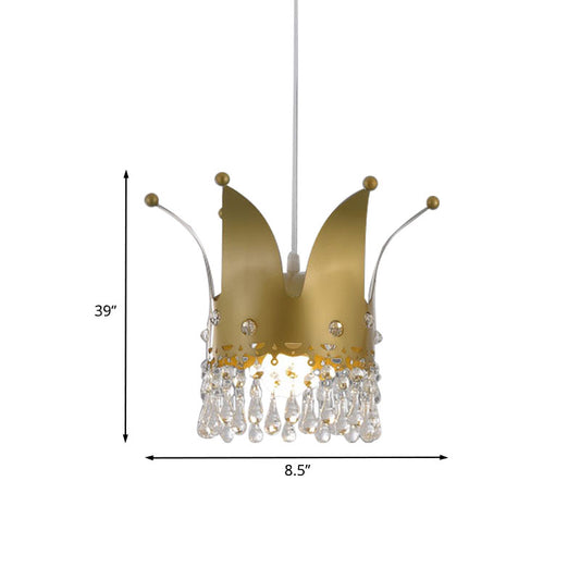 Modernist Crown Down Lighting Iron 1 Bulb Bedroom Hanging Lamp in Gold with Crystal Drop Clearhalo 'Ceiling Lights' 'Pendant Lights' 'Pendants' Lighting' 898130