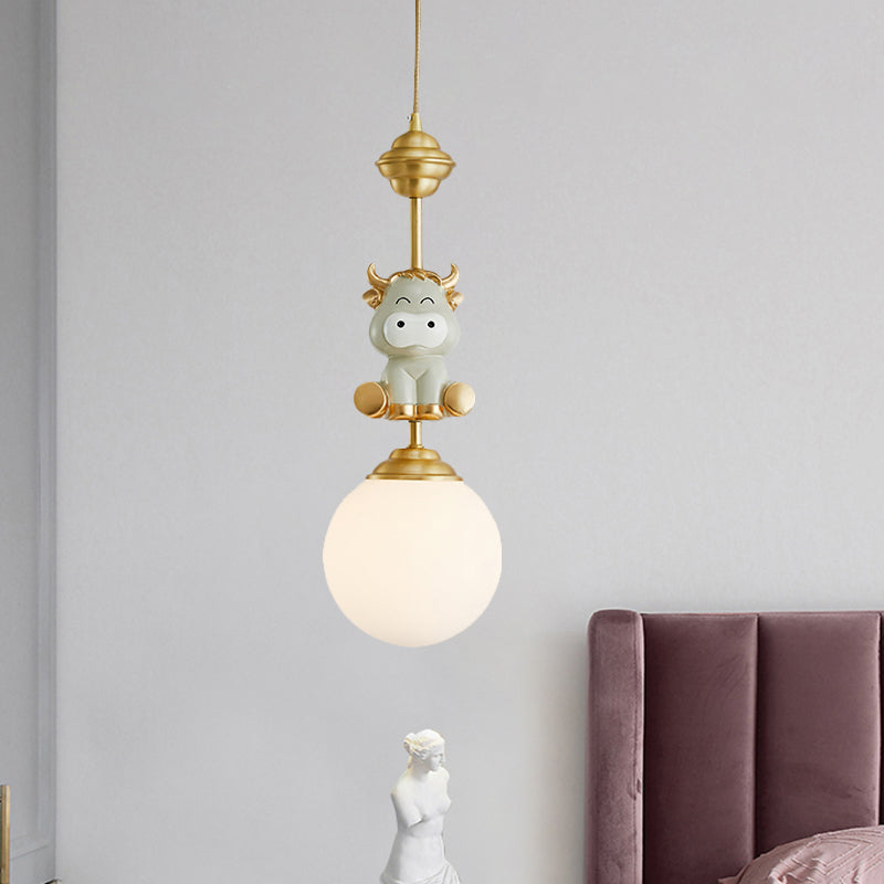 Gold Cow/Tiger Suspension Light Cartoon 1 Bulb Resin Ceiling Pendant with Global White Glass Shade Clearhalo 'Ceiling Lights' 'Pendant Lights' 'Pendants' Lighting' 898131