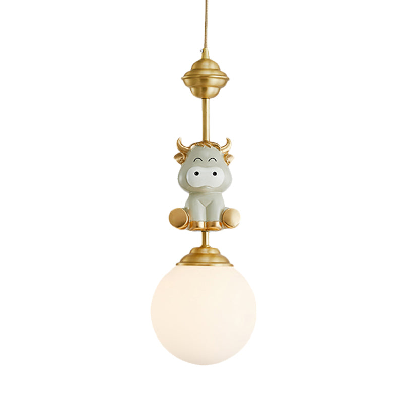 Gold Cow/Tiger Suspension Light Cartoon 1 Bulb Resin Ceiling Pendant with Global White Glass Shade Clearhalo 'Ceiling Lights' 'Pendant Lights' 'Pendants' Lighting' 898133