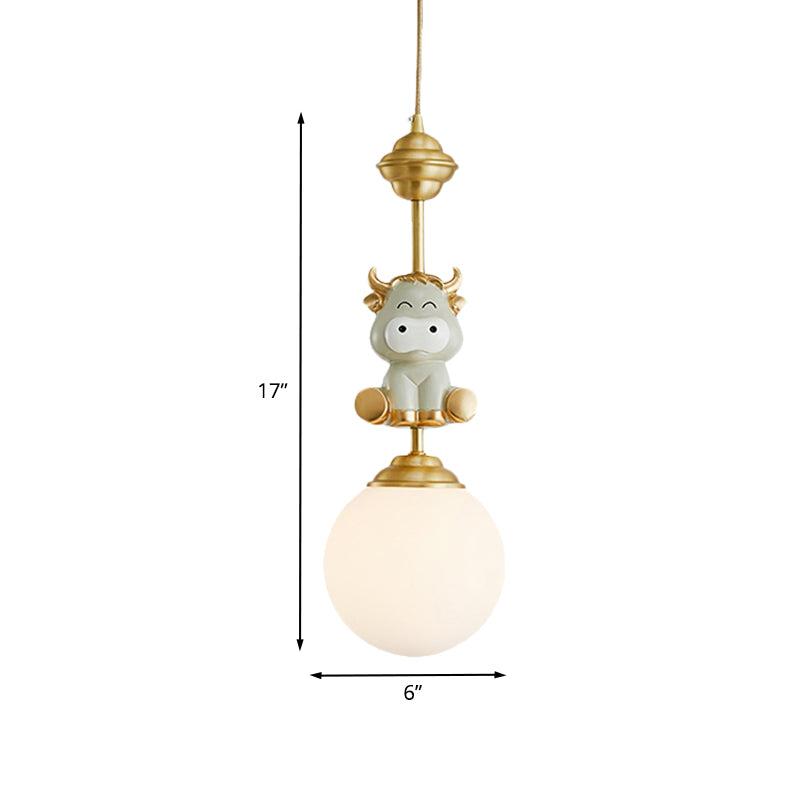 Gold Cow/Tiger Suspension Light Cartoon 1 Bulb Resin Ceiling Pendant with Global White Glass Shade Clearhalo 'Ceiling Lights' 'Pendant Lights' 'Pendants' Lighting' 898134