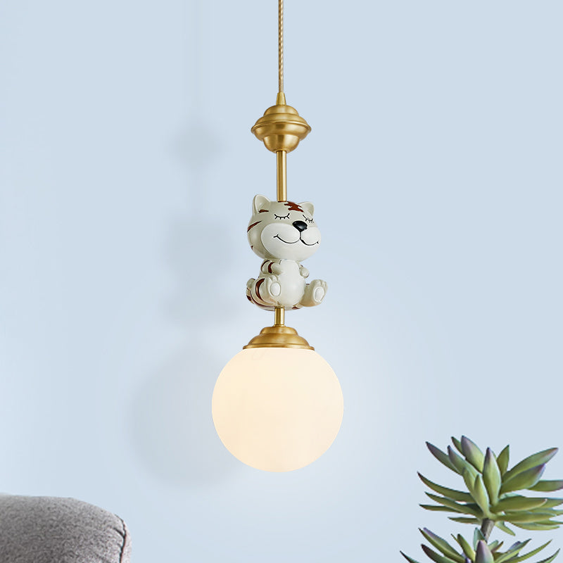 Gold Cow/Tiger Suspension Light Cartoon 1 Bulb Resin Ceiling Pendant with Global White Glass Shade Clearhalo 'Ceiling Lights' 'Pendant Lights' 'Pendants' Lighting' 898135