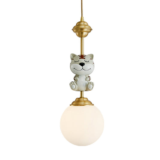 Gold Cow/Tiger Suspension Light Cartoon 1 Bulb Resin Ceiling Pendant with Global White Glass Shade Clearhalo 'Ceiling Lights' 'Pendant Lights' 'Pendants' Lighting' 898138