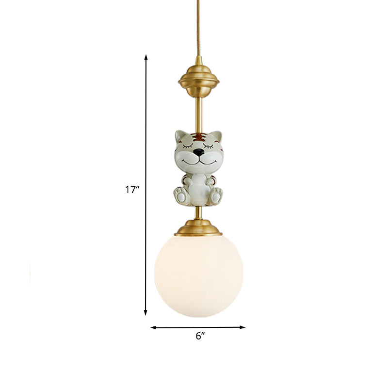 Gold Cow/Tiger Suspension Light Cartoon 1 Bulb Resin Ceiling Pendant with Global White Glass Shade Clearhalo 'Ceiling Lights' 'Pendant Lights' 'Pendants' Lighting' 898139