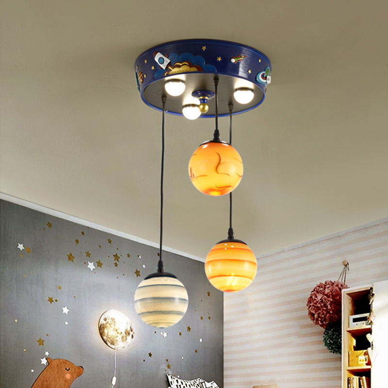 Kids 3-Bulb Cluster Pendant Blue Planet Hanging Ceiling Light with Frosted Glass Shade for Nursery Clearhalo 'Ceiling Lights' 'Pendant Lights' 'Pendants' Lighting' 898149