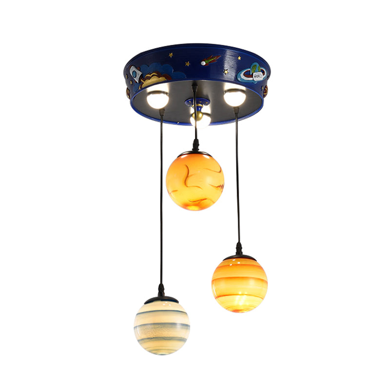 Kids 3-Bulb Cluster Pendant Blue Planet Hanging Ceiling Light with Frosted Glass Shade for Nursery Clearhalo 'Ceiling Lights' 'Pendant Lights' 'Pendants' Lighting' 898150