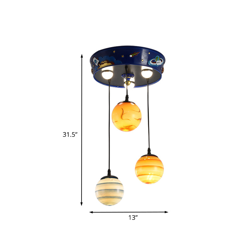 Kids 3-Bulb Cluster Pendant Blue Planet Hanging Ceiling Light with Frosted Glass Shade for Nursery Clearhalo 'Ceiling Lights' 'Pendant Lights' 'Pendants' Lighting' 898152