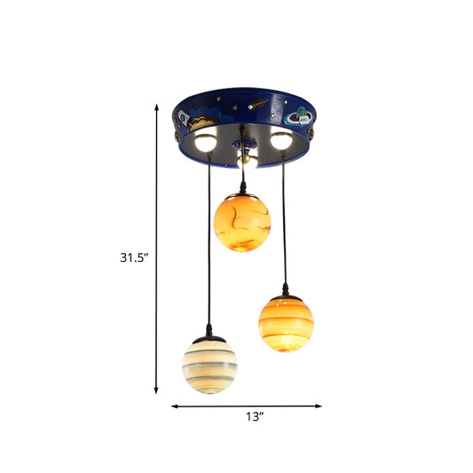 Kids 3-Bulb Cluster Pendant Blue Planet Hanging Ceiling Light with Frosted Glass Shade for Nursery Clearhalo 'Ceiling Lights' 'Pendant Lights' 'Pendants' Lighting' 898152