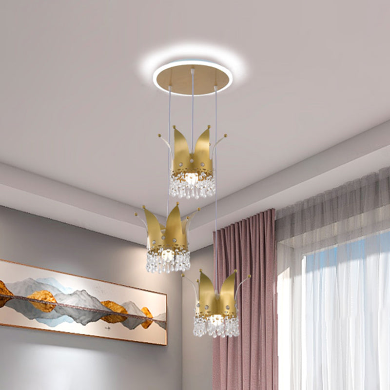 Contemporary Crown Cluster Pendant Iron 3 Heads Nursery Suspension Light in Gold with Crystal Drop Clearhalo 'Ceiling Lights' 'Pendant Lights' 'Pendants' Lighting' 898153