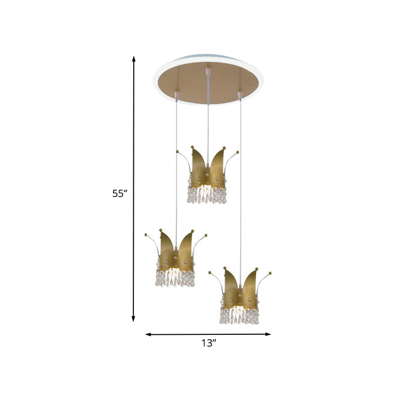 Contemporary Crown Cluster Pendant Iron 3 Heads Nursery Suspension Light in Gold with Crystal Drop Clearhalo 'Ceiling Lights' 'Pendant Lights' 'Pendants' Lighting' 898156