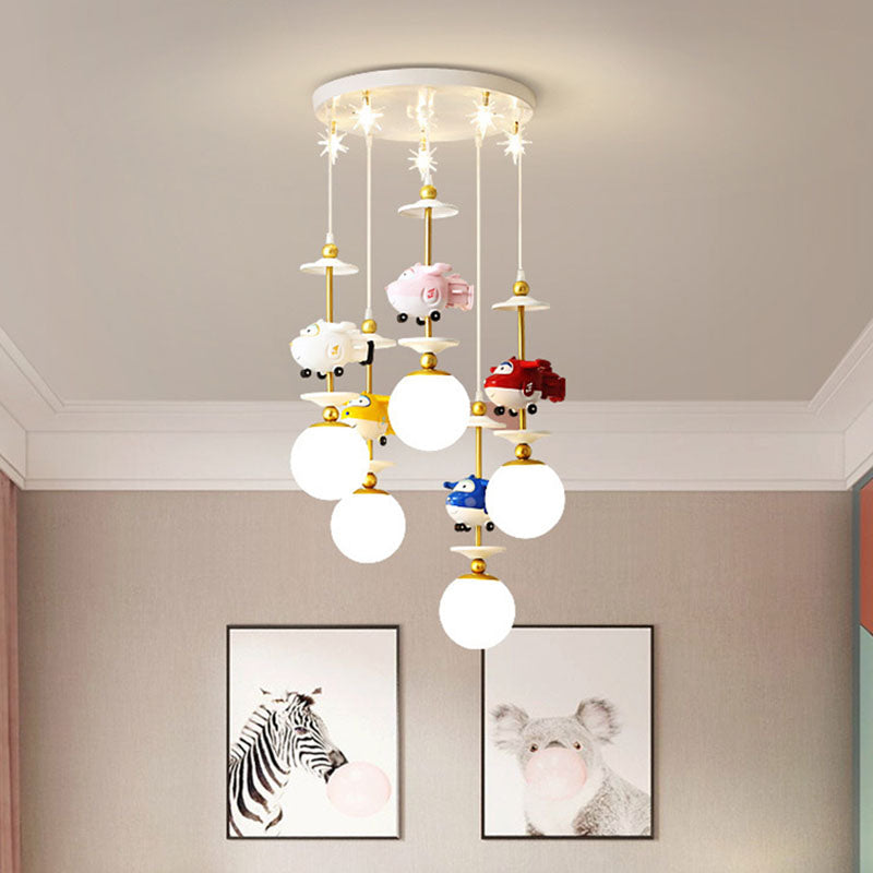 Plane Multi Light Pendant Kids Metal 3/5 Lights Children Bedroom Suspension Lamp in Gold 5 Gold Clearhalo 'Ceiling Lights' 'Pendant Lights' 'Pendants' Lighting' 898157_ab1bd4f0-4efb-4b34-81b0-c189aca9506f