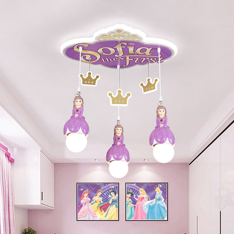 Purple Princess Crown Ceiling Light Cartoon 3 Heads Metal Cluster Pendant Lamp for Nursery Purple Clearhalo 'Ceiling Lights' 'Pendant Lights' 'Pendants' Lighting' 898170_416545a6-4495-4358-ae09-0d823618f9a2