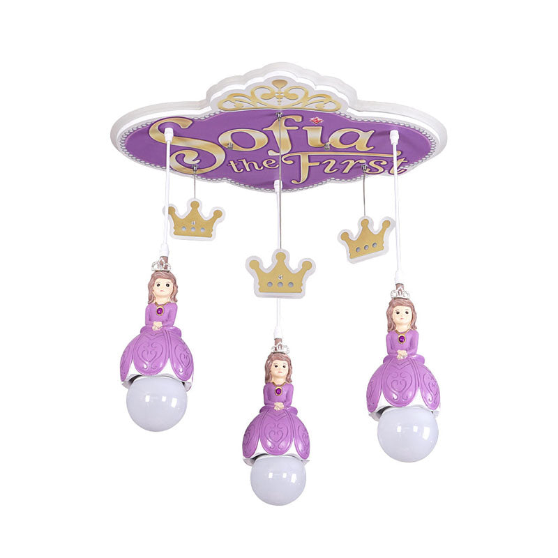 Purple Princess Crown Ceiling Light Cartoon 3 Heads Metal Cluster Pendant Lamp for Nursery Clearhalo 'Ceiling Lights' 'Pendant Lights' 'Pendants' Lighting' 898172