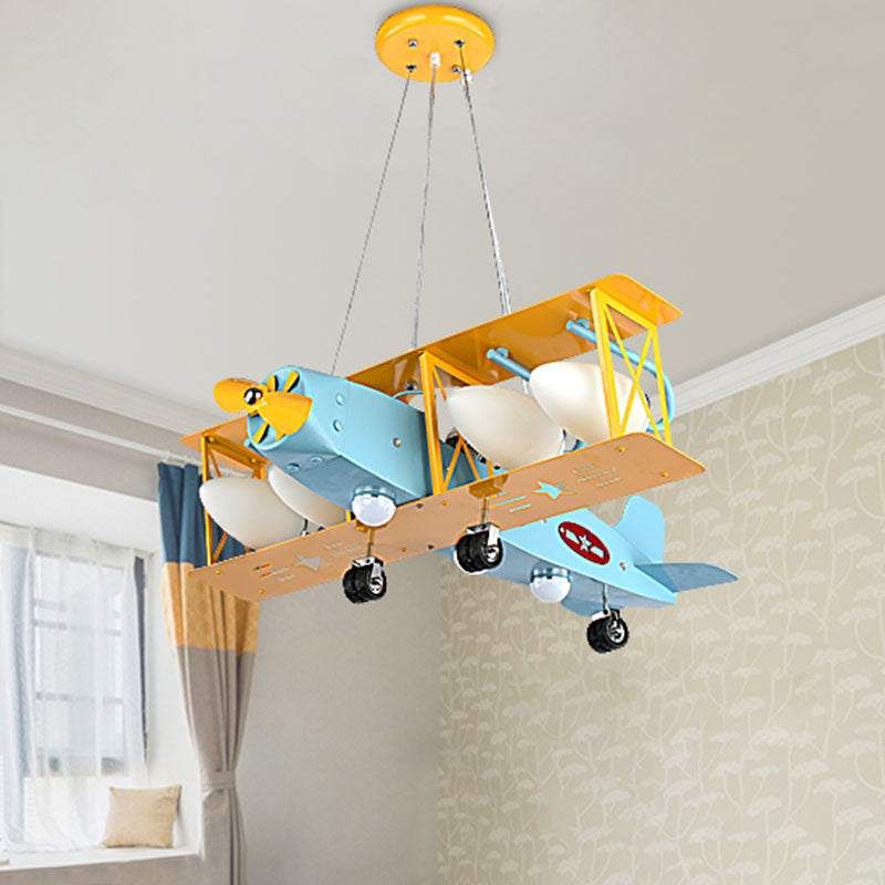 Airplane Metal Chandelier Light Kids 4 Heads Blue Ceiling Lamp with Bullet Milk Glass Shade Clearhalo 'Ceiling Lights' 'Chandeliers' Lighting' options 898174