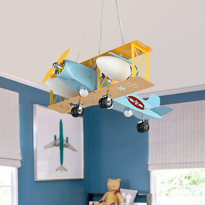 Airplane Metal Chandelier Light Kids 4 Heads Blue Ceiling Lamp with Bullet Milk Glass Shade Clearhalo 'Ceiling Lights' 'Chandeliers' Lighting' options 898175